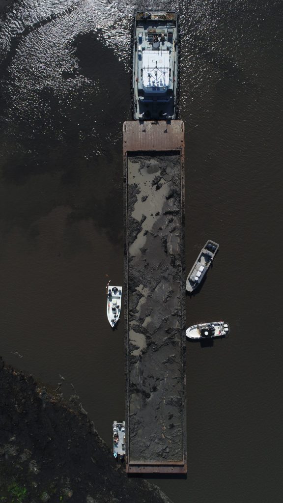 marine accident reconstruction aerial drone image of barge