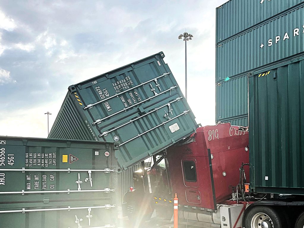Container fell on truck